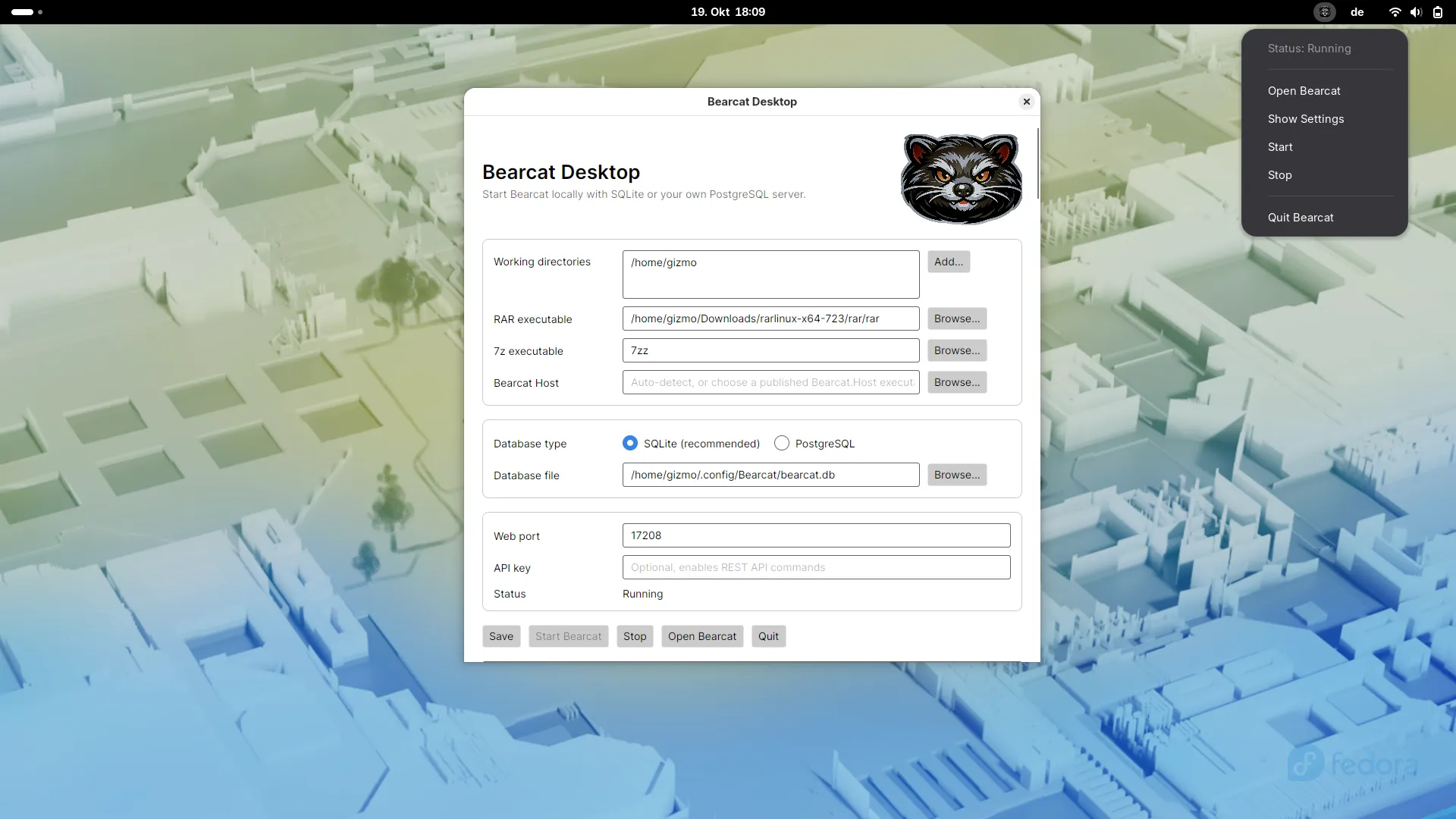 Bearcat Desktop settings window on Linux