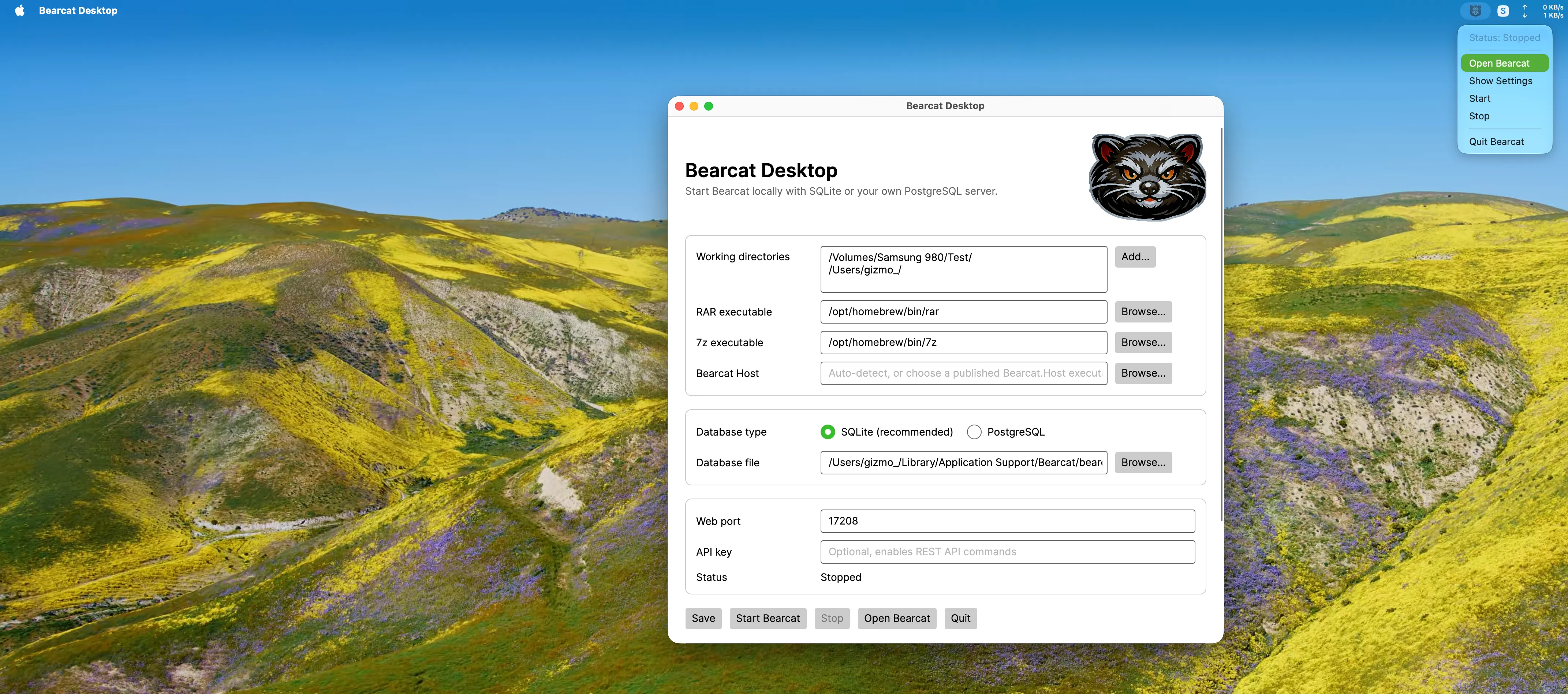Bearcat Desktop settings window on macOS