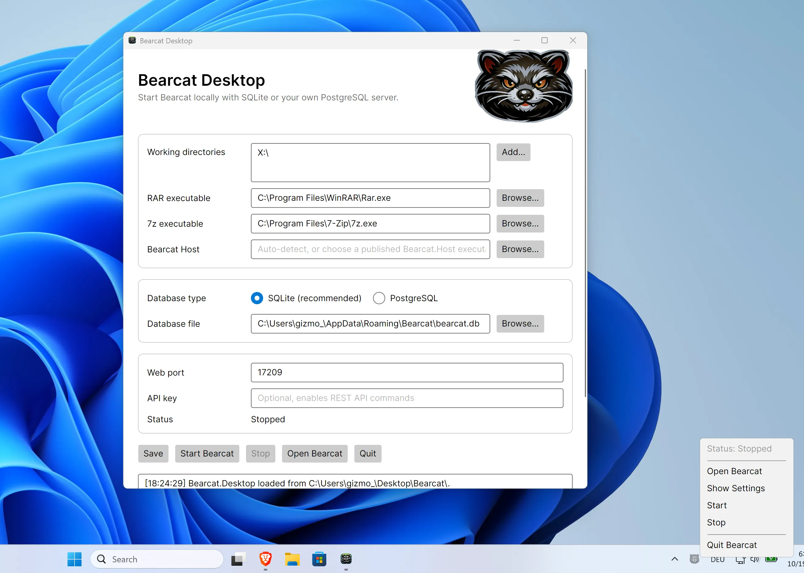 Bearcat Desktop settings window on Windows