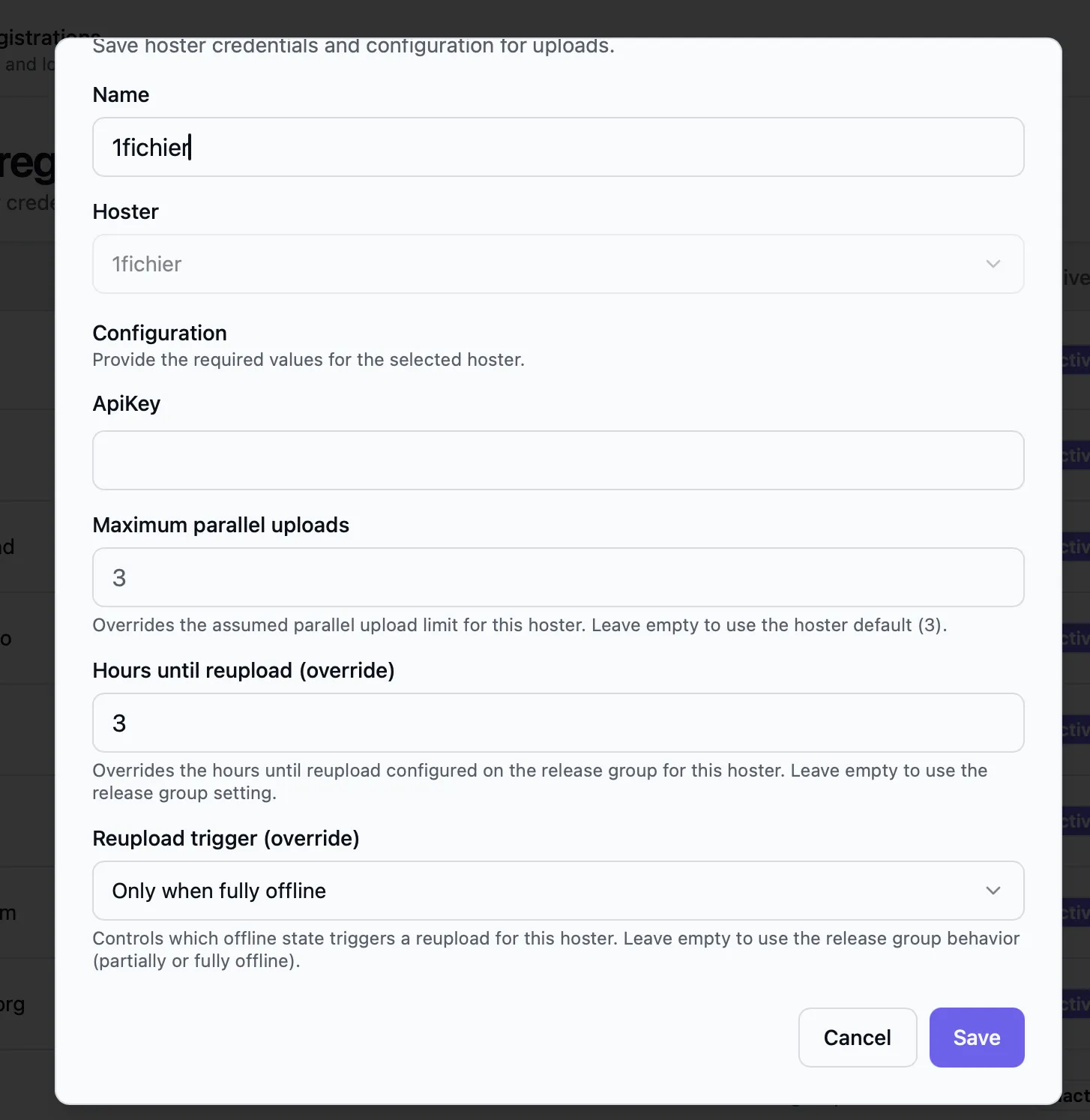 Edit hoster dialog with the reupload override fields
